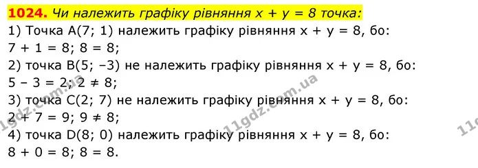 1024. Чи належить графіку рівняння х + у = 8 точка: — ГДЗ Алгебра 7 клас Істер 2020