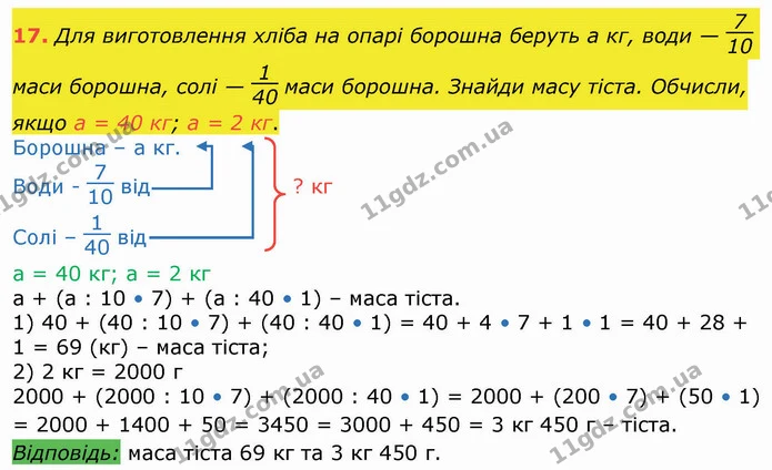 17. Для виготовлення хліба на опарі борошна беруть а кг, води — маси борошна, солі — маси борошна. Знайди масу тіста. Обчисли, якщо а = — ГДЗ Математика 4 клас Лишенко 1-2 ч.