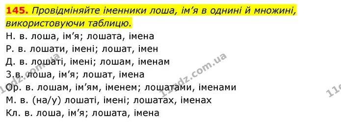 145. Провідміняйте іменники лоша, ім’я в однині й множині, використовуючи таблицю. — ГДЗ Українська мова 6 клас Ворон, Солопенко