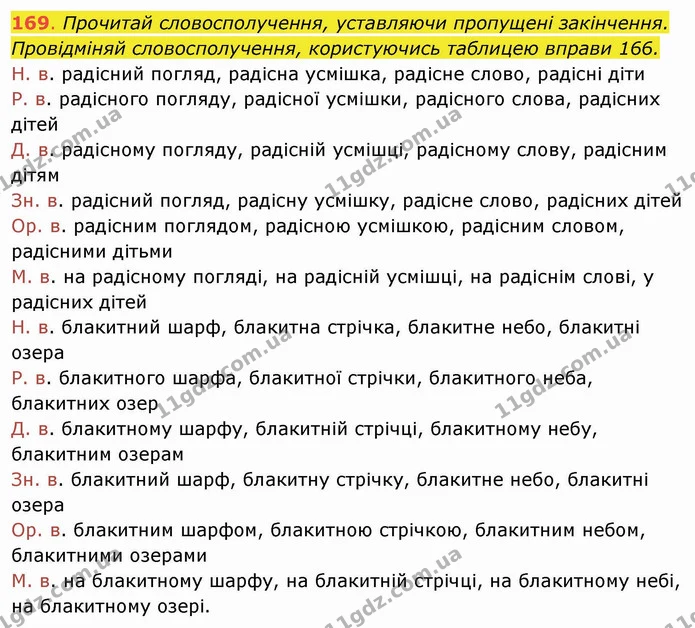 169. Прочитай словосполучення, уставляючи пропущені закінчення. Провідміняй словосполучення, користуючись таблицею вправи 166. — ГДЗ Українська мова та читання 4 клас Захарійчук