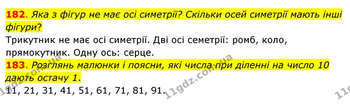 182. Яка з фігур не має осі симетрії? Скільки осей симетрії мають інші фігури? — ГДЗ Математика 3 клас Бевз 2 частина