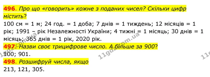 496. Про що «говорить» кожне з поданих чисел? Скільки цифр містить? — ГДЗ Математика 3 клас Бевз 1 частина