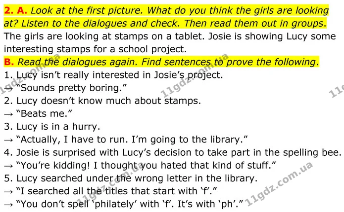 2. A. Look at the first picture. What do you think the girls are looking at? Listen to the dialogues and check. Then read them out in — ГДЗ Англійська мова 8 клас Мітчелл