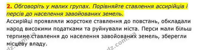 2. Обговоріть у малих групах. Порівняйте ставлення ассирійців і персів до населення завойованих земель. — ГДЗ Історія України 6 клас Гісем