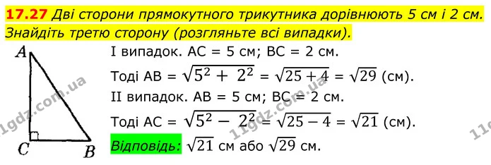 17.27 Дві сторони прямокутного трикутника дорівнюють 5 см і 2 см. Знайдіть третю сторону (розгляньте всі випадки). — ГДЗ Геометрія 8 клас Істер