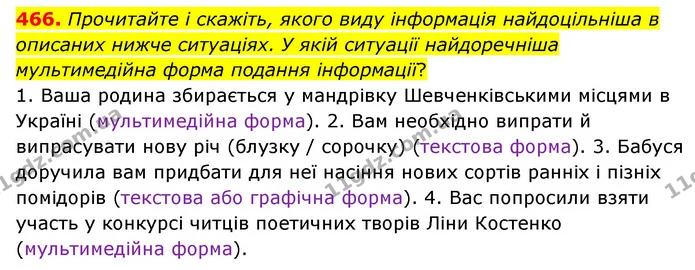 466. Прочитайте і скажіть, якого виду інформація найдоцільніша в описаних нижче ситуаціях. У якій ситуації найдоречніша мультимедійна — ГДЗ Українська мова 6 клас Голуб 2023
