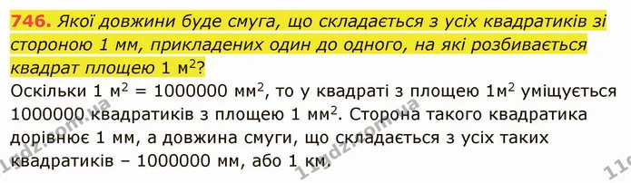 746. Якої довжини буде смуга, що складається з усіх квадратиків зі стороною 1 мм, прикладених один до одного, на які розбивається — ГДЗ Математика 5 клас Тарасенкова 2022