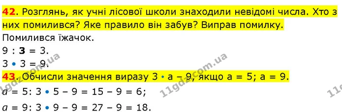 42. Розглянь, як учні лісової школи знаходили невідомі числа. Хто з них помилився? Яке правило він забув? Виправ помилку. — ГДЗ Математика 3 клас Козак 1-2 ч.