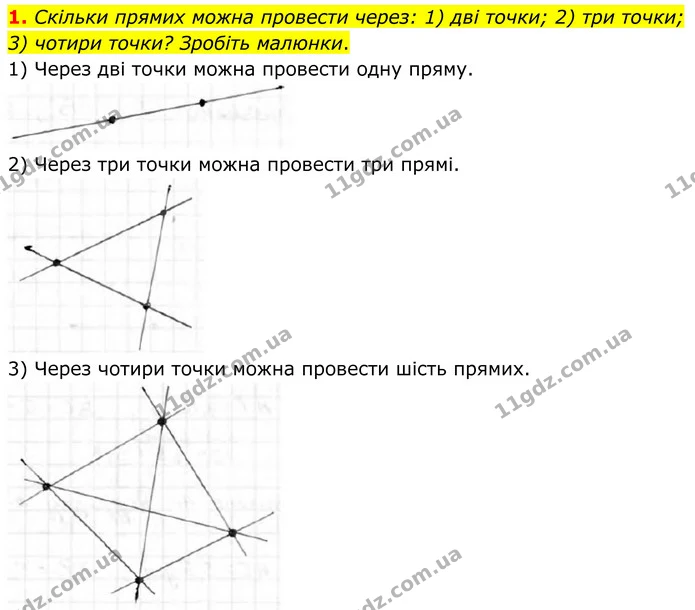 1. Скільки прямих можна провести через: 1) дві точки; 2) три точки; 3) чотири точки? Зробіть малюнки. — ГДЗ Геометрія 8 клас Бурда