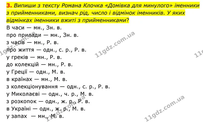 3. Випиши з тексту Романа Клочка «Домівка для минулого» іменники з прийменниками, визнач рід, число і відмінок іменників. У яких — ГДЗ Українська мова 4 клас Чабайовська