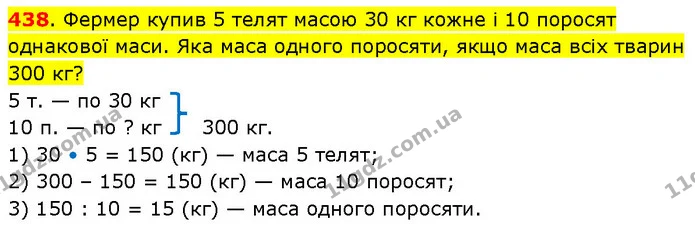 438. Фермер купив 5 телят масою 30 кг кожне і 10 поросят однакової маси. Яка маса одного поросяти, якщо маса всіх тварин 300 кг? — ГДЗ Математика 3 клас Будна 1-2 ч.