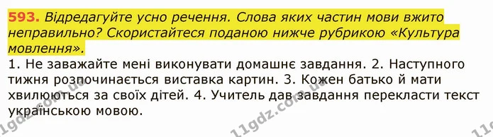 593. Відредагуйте усно речення. Слова яких частин мови вжито неправильно? Скористайтеся поданою нижче рубрикою «Культура мовлення». — ГДЗ Українська мова 6 клас Заболотний 2019