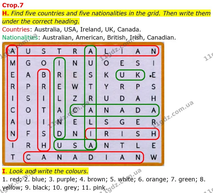 H. Find five countries and five nationalities in the grid. Then write them under the correct heading. — ГДЗ зошит Англійська мова 5 клас Мітчелл
