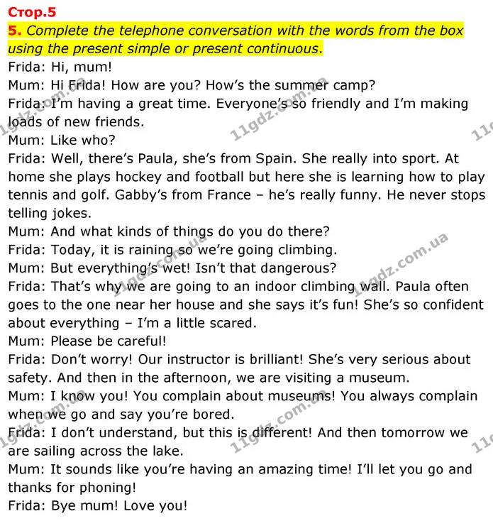 5. Complete the telephone conversation with the words from the box using the present simple or present continuous. — ГДЗ зошит Grammar Англійська мова 8 клас Prepare 2025