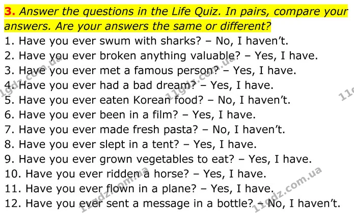 3. Answer the questions in the Life Quiz. In pairs, compare your answers. Are your answers the same or different? — ГДЗ Англійська мова 7 клас Коста