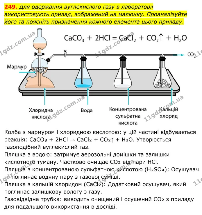 249. Для одержання вуглекислого газу в лабораторії використовують прилад, зображений на малюнку. Проаналізуйте його та поясніть — ГДЗ Хімія 8 клас Григорович