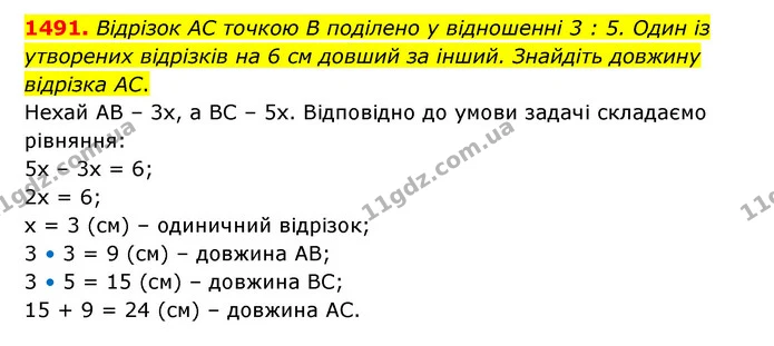 1491. Відрізок АС точкою В поділено у відношенні 3 : 5. Один із утворених відрізків на 6 см довший за інший. Знайдіть довжину відрізка — ГДЗ Математика 6 клас Тарасенкова 2023 1-2 ч.