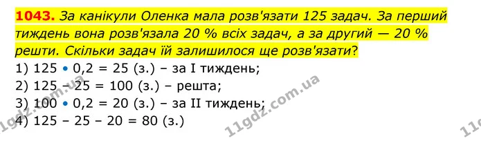 1043. За канікули Оленка мала розв'язати 125 задач. За перший тиждень вона розв'язала 20 % всіх задач, а за другий — 20 % решти — ГДЗ Математика 6 клас Бевз 1-2 ч.