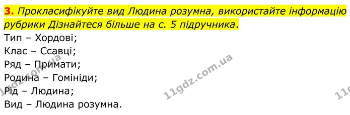 3. Прокласифікуйте вид Людина розумна, використайте інформацію рубрики Дізнайтеся більше на с. 5 підручника. — ГДЗ Робочий зошит Біологія 8 клас Кулініч