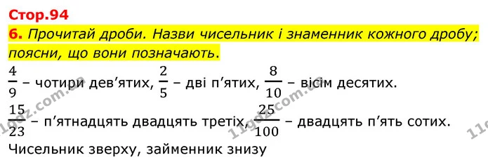 6. Прочитай дроби. Назви чисельник і знаменник кожного дробу; поясни, що вони позначають. — ГДЗ Математика 4 клас Скворцова