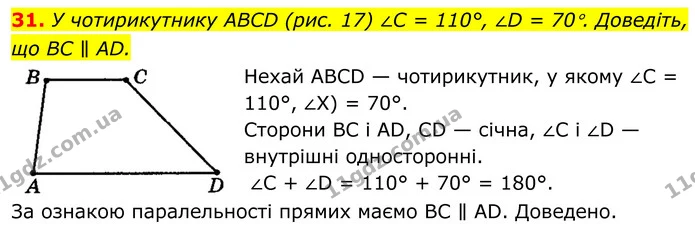 31. У чотирикутнику ABCD (рис. 17) ∠C = 110°, ∠D = 70°. Доведіть, — ГДЗ Геометрія 8 клас Мерзляк