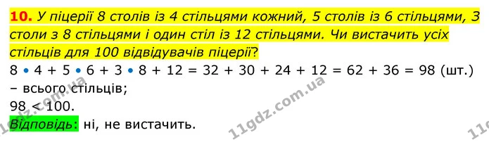 10. У піцерії 8 столів із 4 стільцями кожний, 5 столів із 6 стільцями, З столи з 8 стільцями і один стіл із 12 стільцями. Чи вистачить — ГДЗ Математика 3 клас Логачевська 1-2 ч.
