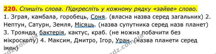 220. Спишіть слова. Підкресліть у кожному рядку «зайве» слово. — ГДЗ Відповіді Українська мова 6 клас Єрмоленко