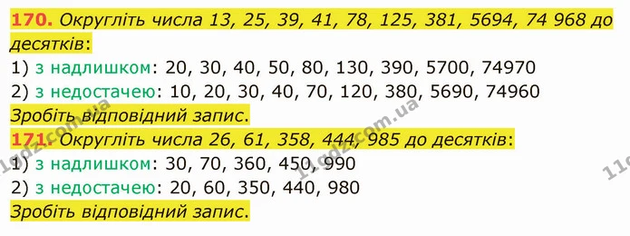 170. Округліть числа 13, 25, 39, 41, 78, 125, 381, 5694, 74 968 до десятків: — ГДЗ Математика 5 клас Тарасенкова 2022