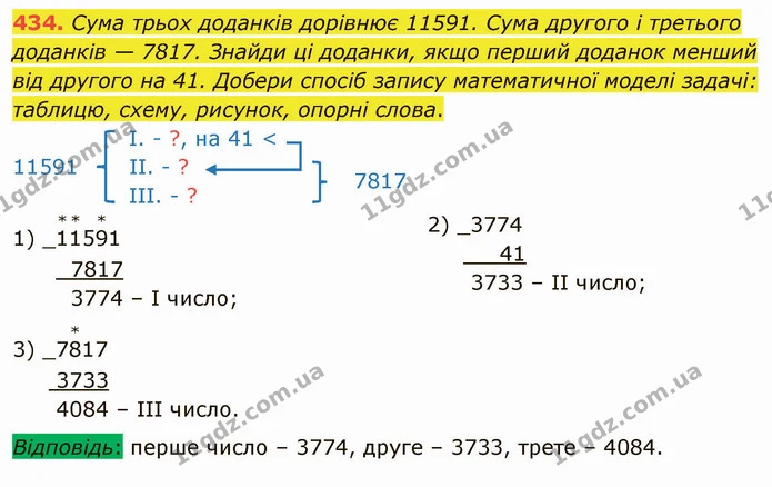 434. Сума трьох доданків дорівнює 11591. Сума другого і третього доданків — 7817. Знайди ці доданки, якщо перший доданок менший від — ГДЗ Математика 4 клас Заїка