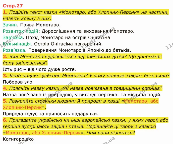 1. Поділіть текст казки «Момотаро, або Хлопчик-Персик» на частини, назвіть кожну з них. — ГДЗ Зарубіжна література 5 клас Ніколенко