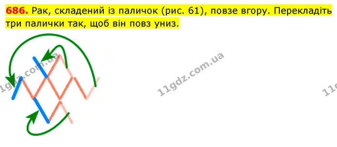 686. Рак, складений із паличок (рис. 61), повзе вгору. Перекладіть три палички так, щоб він повз униз. — ГДЗ Математика 5 клас Кравчук