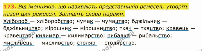 173. Від іменників, що називають представників ремесел, утворіть назви цих ремесел. Запишіть слова парами. — ГДЗ Українська мова 6 клас Глазова