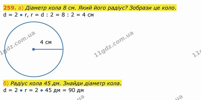 259. а) Діаметр кола 8 см. Який його радіус? Зобрази це коло. — ГДЗ Математика 4 клас Заїка
