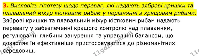 3. Висловіть гіпотезу щодо переваг, які надають зяброві кришки та плавальний міхур кістковим рибам у порівнянні з хрящовим рибами. — ГДЗ Біологія 7 клас Тагліна