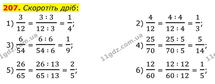 207. Скоротіть дріб: — ГДЗ Математика 6 клас Мерзляк 2023 1-2 ч.