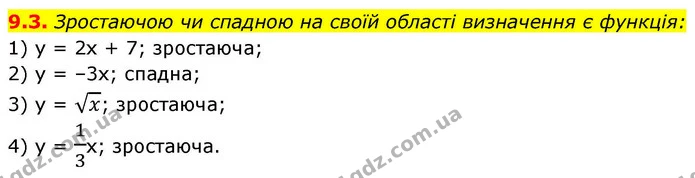 9.3. Зростаючою чи спадною на своїй області визначення є функція: — ГДЗ Алгебра 9 клас Істер