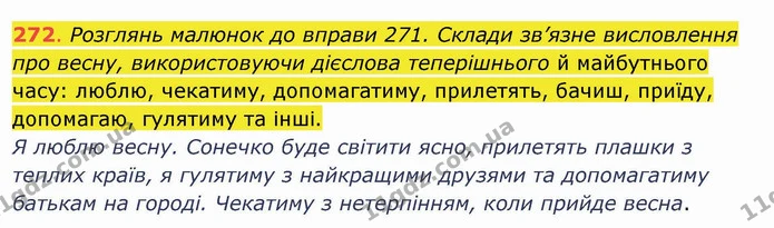 272. Розглянь малюнок до вправи 271. Склади зв’язне висловлення про весну, використовуючи дієслова теперішнього й майбутнього часу — ГДЗ Українська мова та читання 4 клас Захарійчук