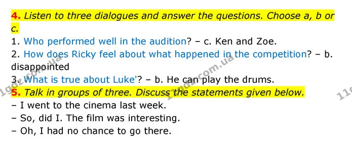 4. Listen to three dialogues and answer the questions. Choose a, b or c. — ГДЗ Англійська мова 6 клас Мітчелл