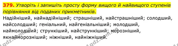 379. Утворіть і запишіть просту форму вищого й найвищого ступенів порівняння від поданих прикметників. — ГДЗ Відповіді Українська мова 6 клас Єрмоленко