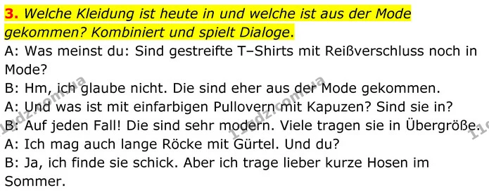 3. Welche Kleidung ist heute in und welche ist aus der Mode gekommen? Kombiniert und spielt Dialoge. — ГДЗ Німецька мова 8 клас Сотникова (2025) 4 рік