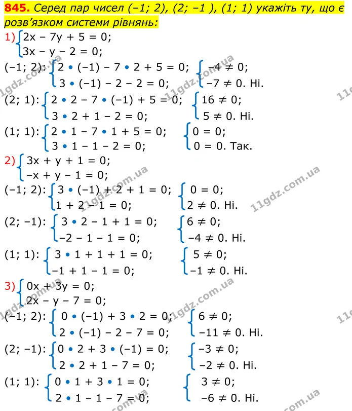 845. Серед пар чисел (–1; 2), (2; –1 ), (1; 1) укажіть ту, що є розв’язком системи рівнянь: — ГДЗ Алгебра 7 клас Тарасенкова 2024