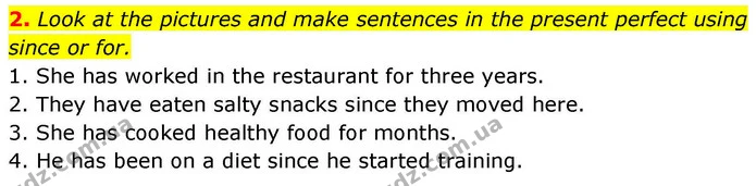 2. Look at the pictures and make sentences in the present perfect using since or for. — ГДЗ зошит Grammar Англійська мова 8 клас Prepare 2025
