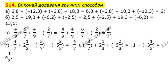 514. Виконай додаваня зручним способом. — ГДЗ Математика 6 клас Бевз 1-2 ч.
