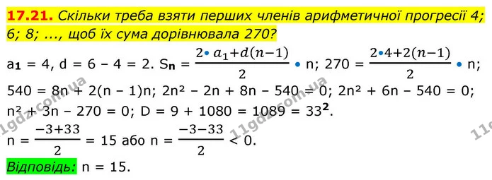 17.21. Скільки треба взяти перших членів арифметичної прогресії 4; 6; 8; ..., щоб їх сума дорівнювала 270? — ГДЗ Алгебра 9 клас Істер
