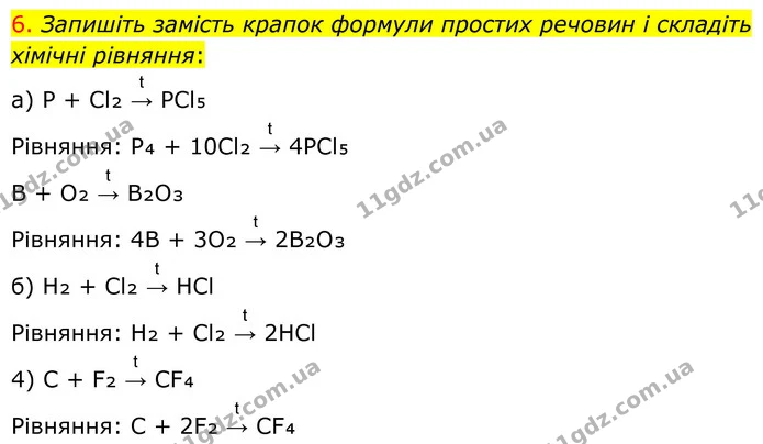 6. Запишіть замість крапок формули простих речовин і складіть хімічні рівняння: — ГДЗ Хімія 8 клас Попель