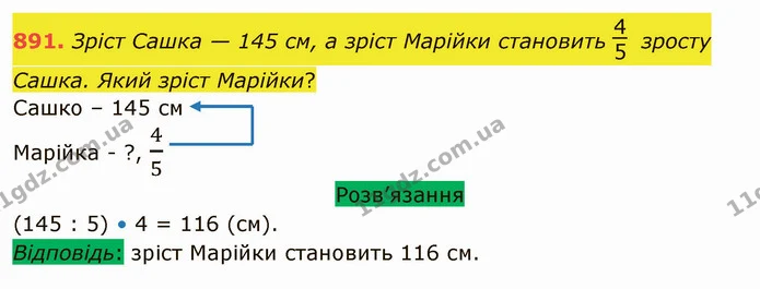 891. Зріст Сашка — 145 см, а зріст Марійки становить зросту Сашка. Який зріст Марійки? — ГДЗ Математика 5 клас Тарасенкова 2022