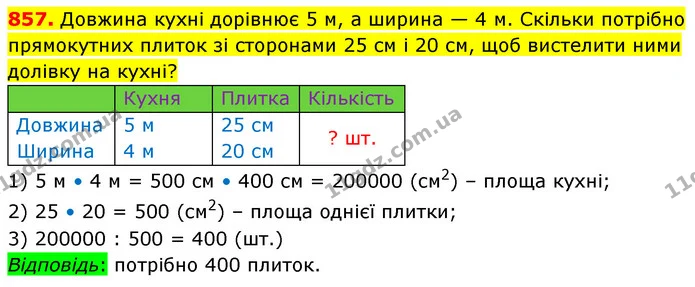 857. Довжина кухні дорівнює 5 м, а ширина — 4 м. Скільки потрібно прямокутних плиток зі сторонами 25 см і 20 см, щоб вистелити ними — ГДЗ Математика 5 клас Кравчук