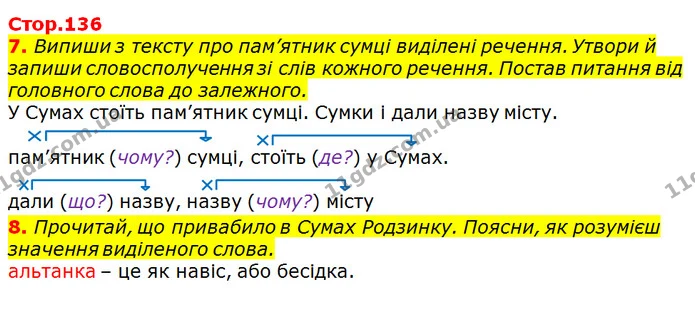 7. Випиши з тексту про пам’ятник сумці виділені речення. Утвори й запиши словосполучення зі слів кожного речення. Постав питання від — ГДЗ Українська мова 3 клас Пономарьова 2020