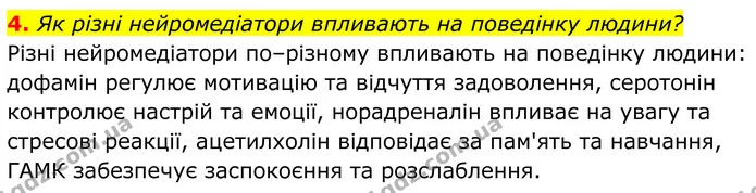 4. Як різні нейромедіатори впливають на поведінку людини? — ГДЗ Біологія 8 клас Балан