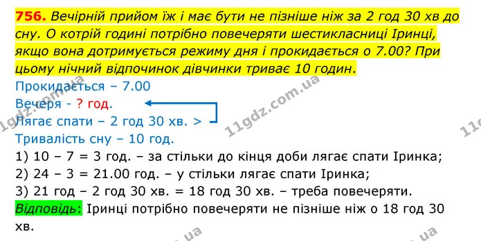 756. Вечірній прийом їж і має бути не пізніше ніж за 2 год 30 хв до сну. O котрій годині потрібно повечеряти шестикласниці Іринці, якщо — ГДЗ Математика 6 клас Істер 2023 1-2 ч.